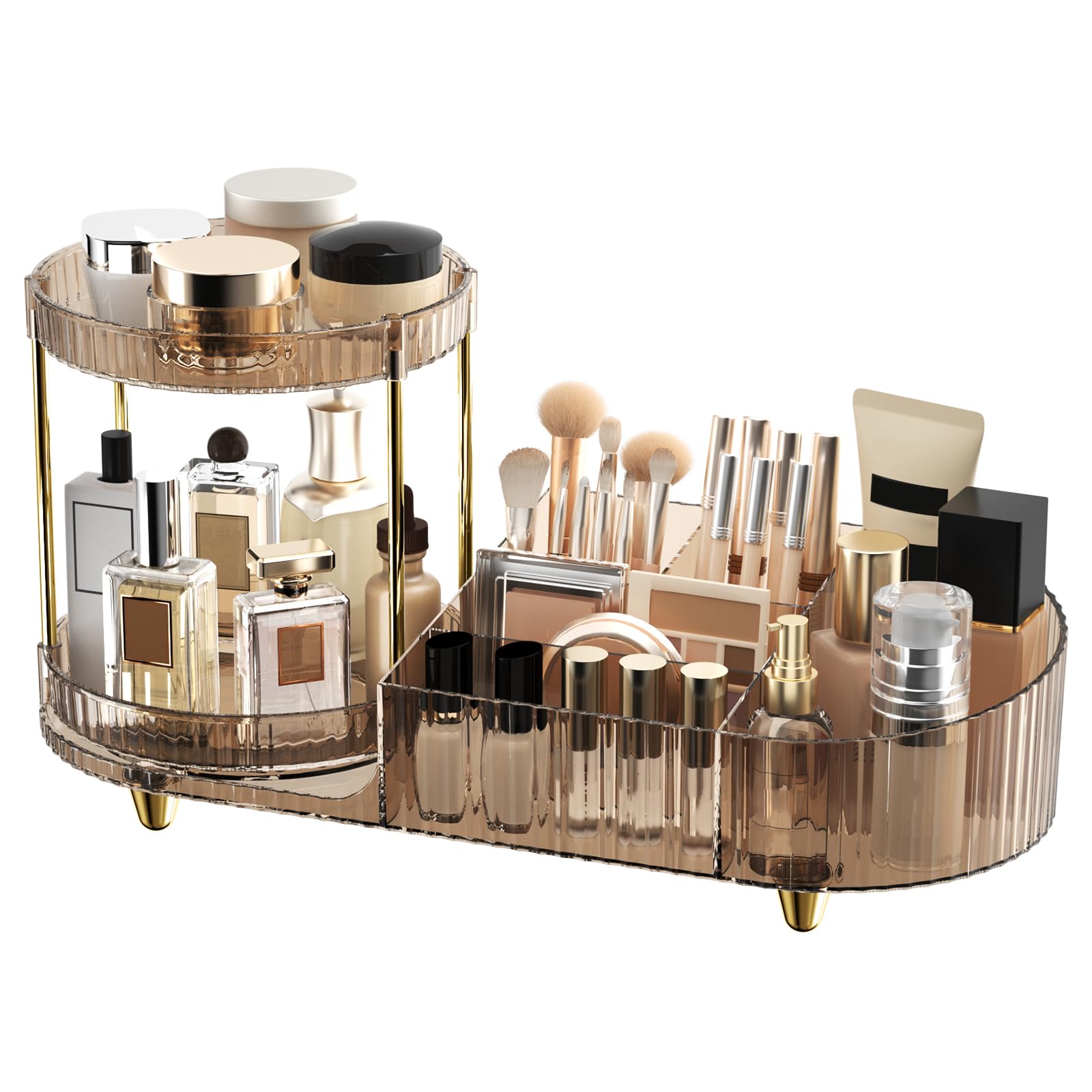 Makeup Organizer Countertop with 2 Rotating Perfume Trays, 5-Compartment Vanity Skincare Organizers, Make Up Desk Organization and Storage with Cosmetic Brush Holder for Bedroom Bathroom Counter