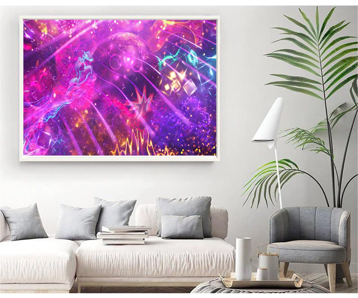 XtremeSkins White Floater Framed Canvas - Wall Decor for Living Room, Bedroom, Office, Hotels, Drawing Room (34in X 22in) - Nebula Neon Colors Fractal Glitch
