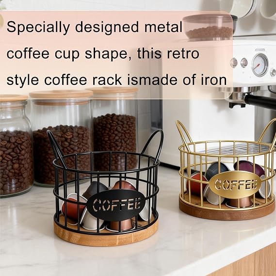 Coffee Pod Holders for Counter, K-Cup Storage Organizer with Sturdy Metal Frame and Wooden Base, Count Pod Container for Kitchen, Office, Bar Counter Desktop (Black)