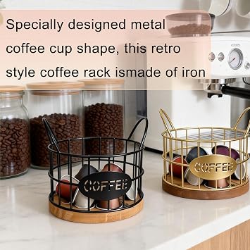 Coffee Pod Holders for Counter, K-Cup Storage Organizer with Sturdy Metal Frame and Wooden Base, Count Pod Container for Kitchen, Office, Bar Counter Desktop (Black)