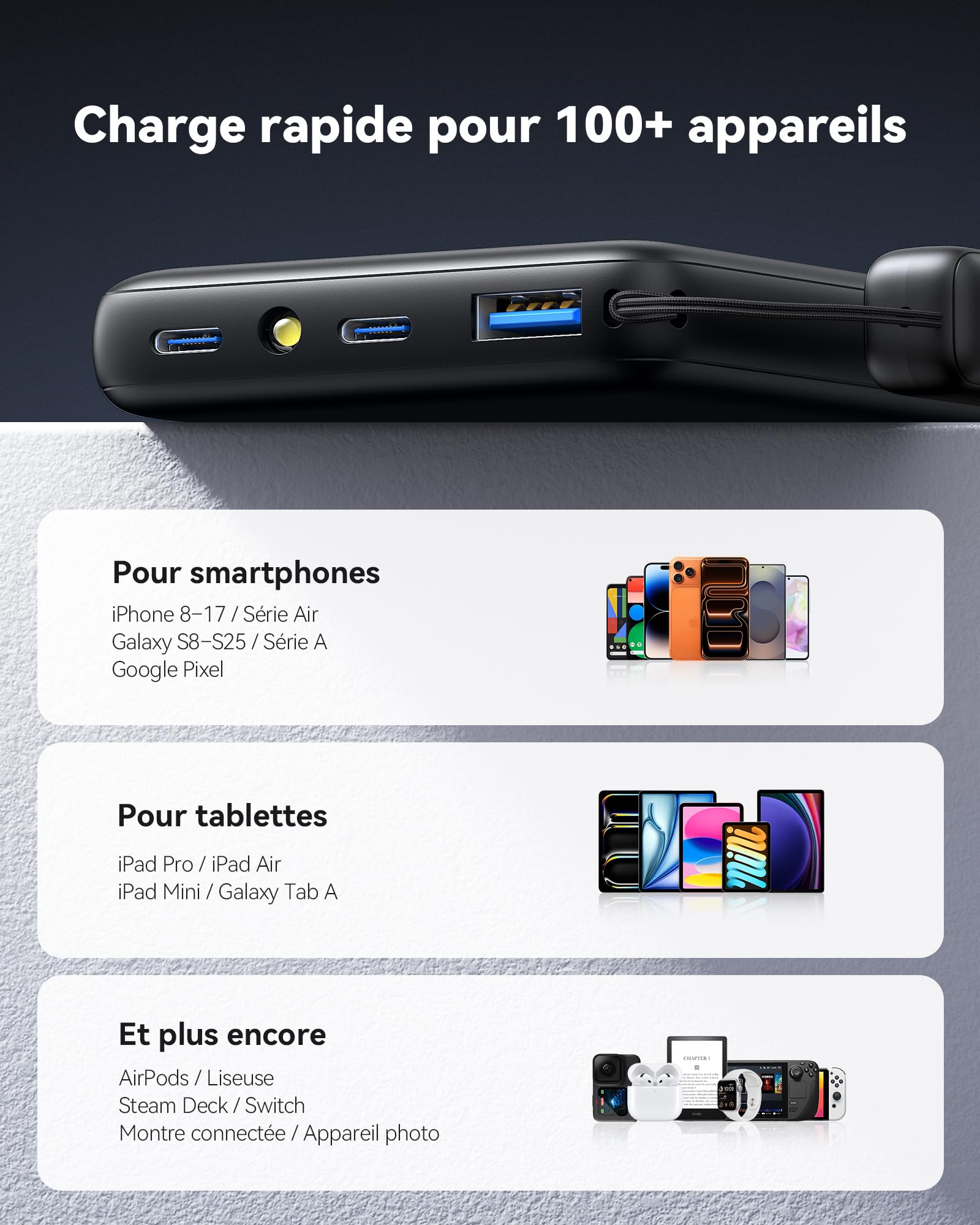 INIU Batterie Externe, Petit 45W Charge Rapide 10000mAh Power Bank avec Câble USBC Amovible, Autorisé en Avion, Essentiels de Voyage, Powerbank pour iPhone 17 16 Pro, Samsung, Xiaomi, iPad, etc