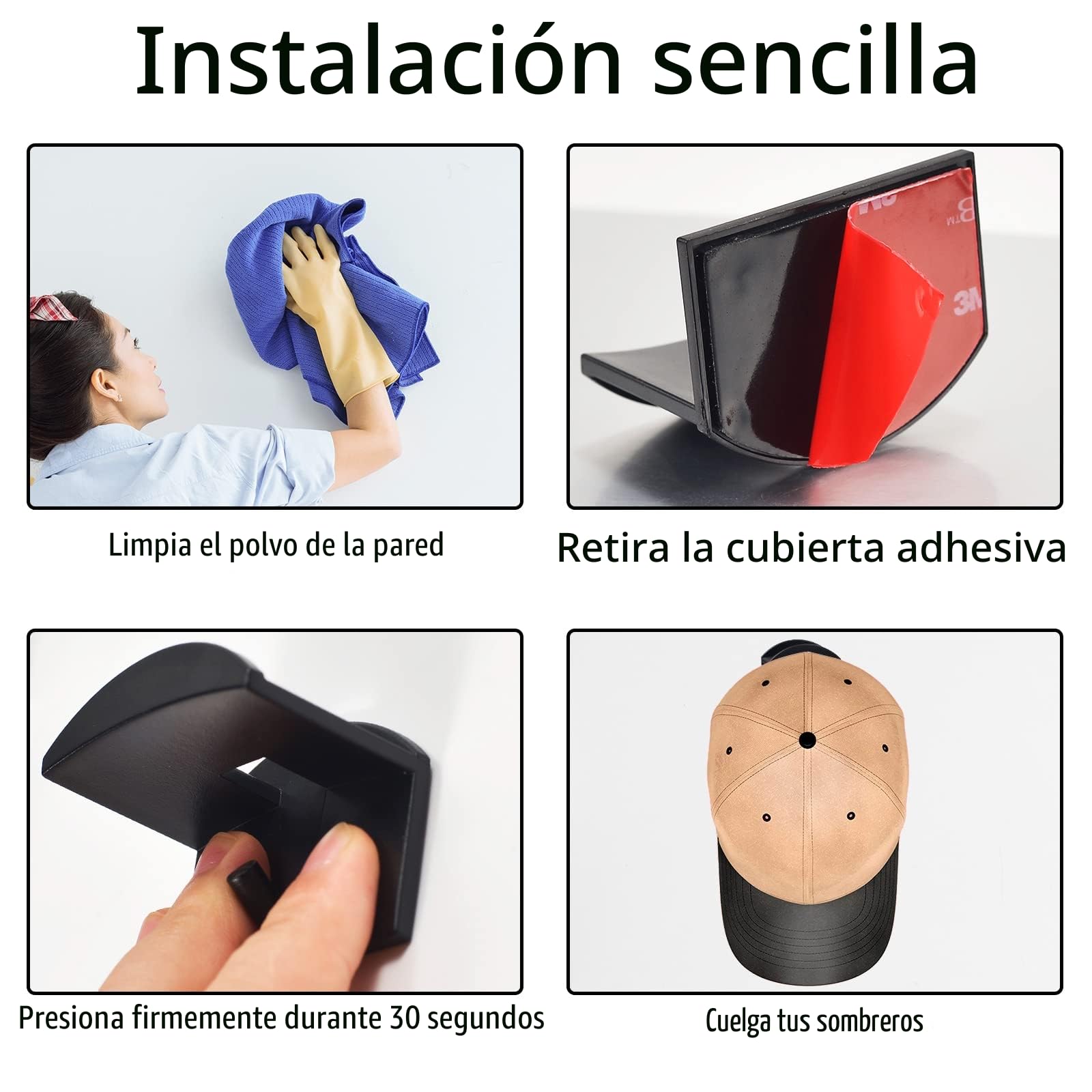 Vibbang Organizadores de Gorra (Paquete De 10) de Béisbol sin Perforación Ganchos de Sombrero Colgador Gorras Adhesivo Montado en Pared para Gorras De Béisbol (Negro)