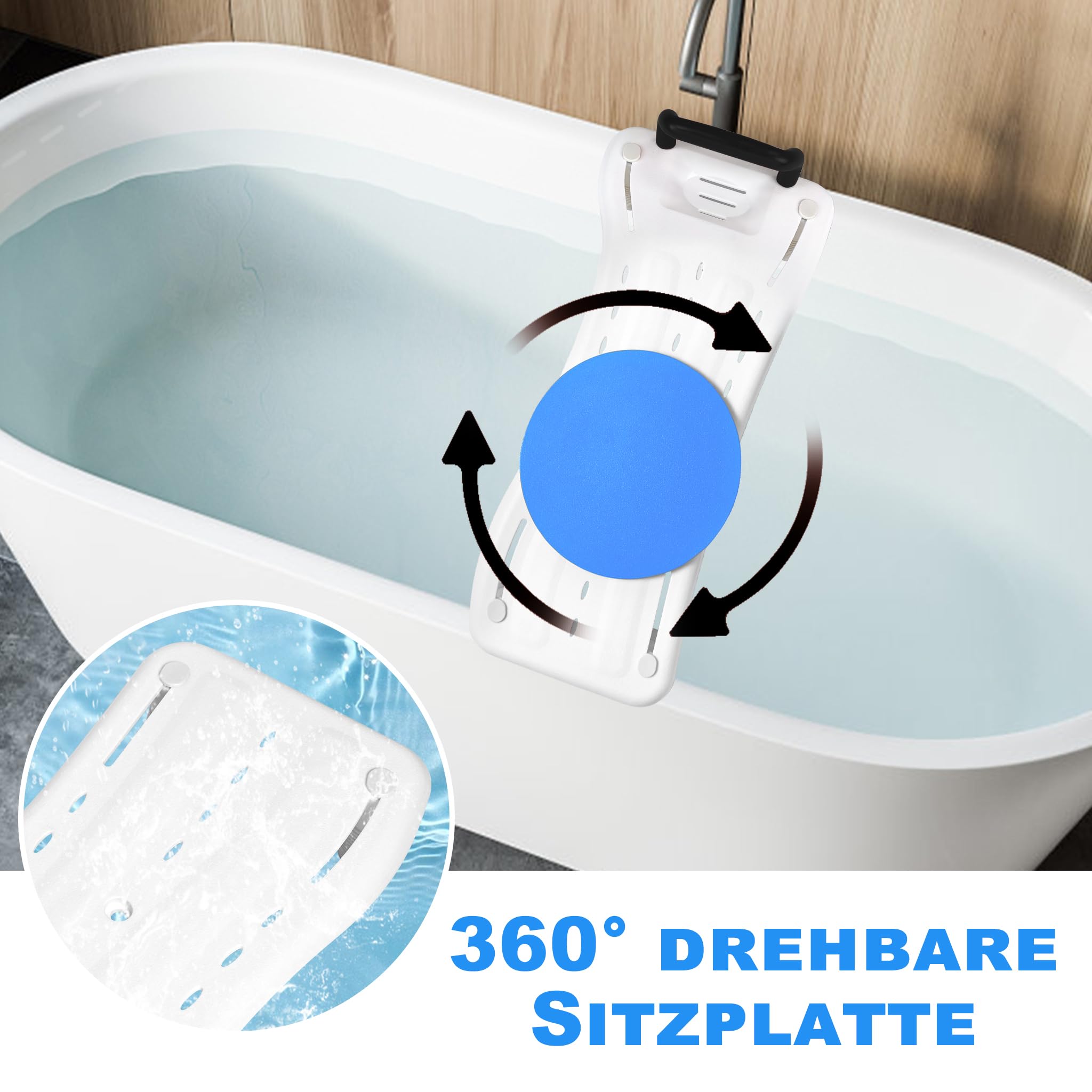 Sedile per vasca da bagno per anziani, 75 x 34 cm, regolabile 41 – 63 cm, per vasche da bagno, in plastica, colore nero, manico + piastra girevole, fino a 150 kg, per adulti doccia