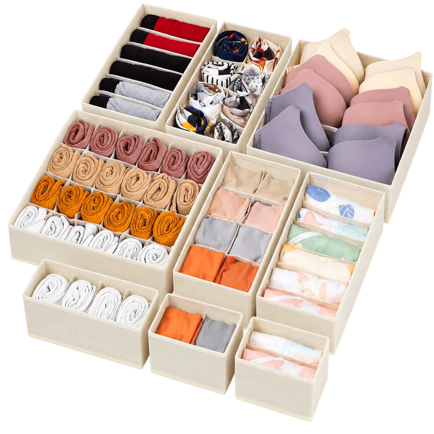 MAK2 12 Pack Foldable Drawer Organiser Boxes for Wardrobe Storage, Fabric Clothes Storage Organiser for Socks, Underwear, Bras & Towels, Stackable Storage Boxes for Drawers, Shelves & Cupboards