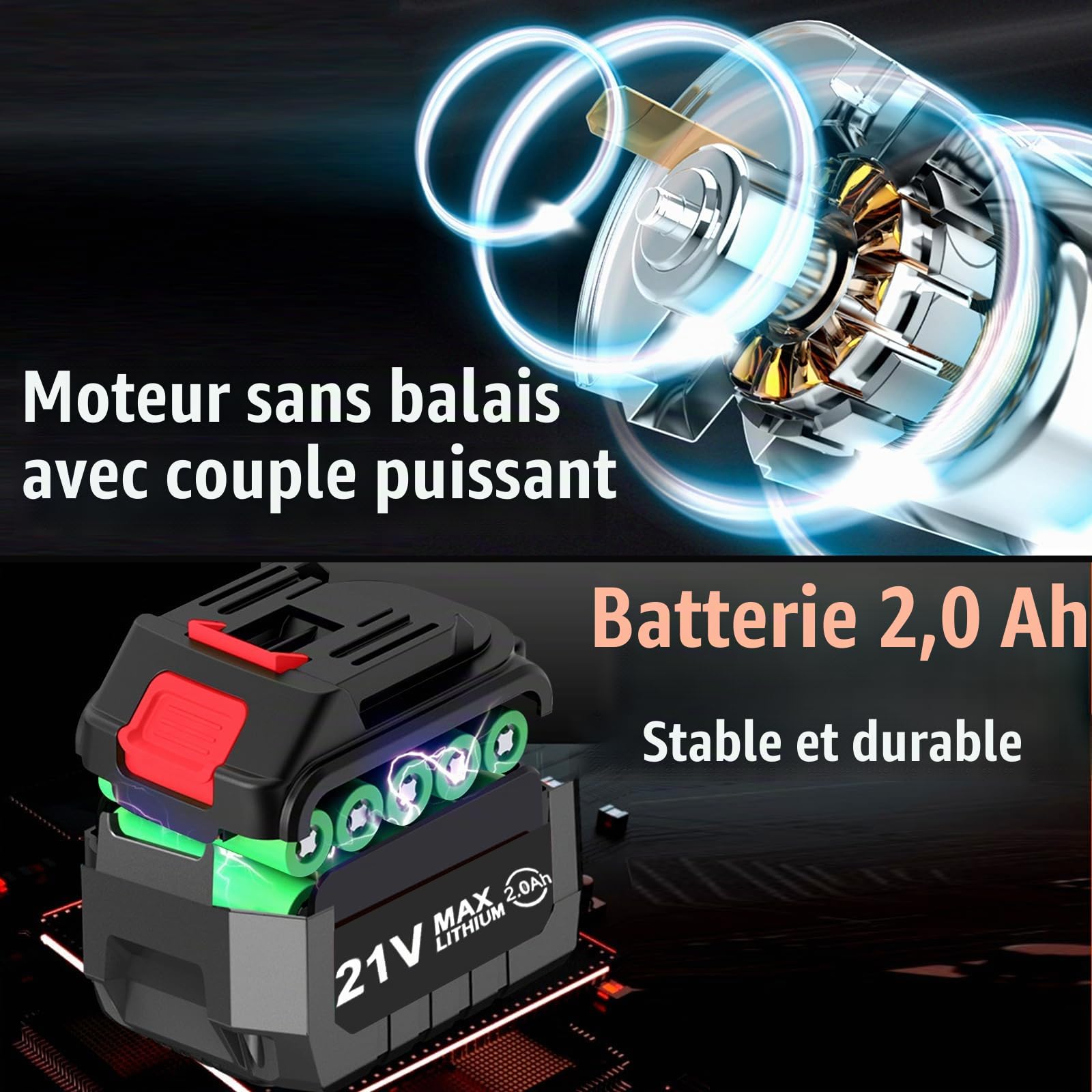 Clé à Chocs électriques,320 N·m Clé à Chocs Sans Fil Brushless avec 2.0Ah Batterie 21V 4 Douilles à Chocs (17 mm/19 mm/21 mm/22 mm)，Pour le changement de pneus, le serrage et le démontage de boulons