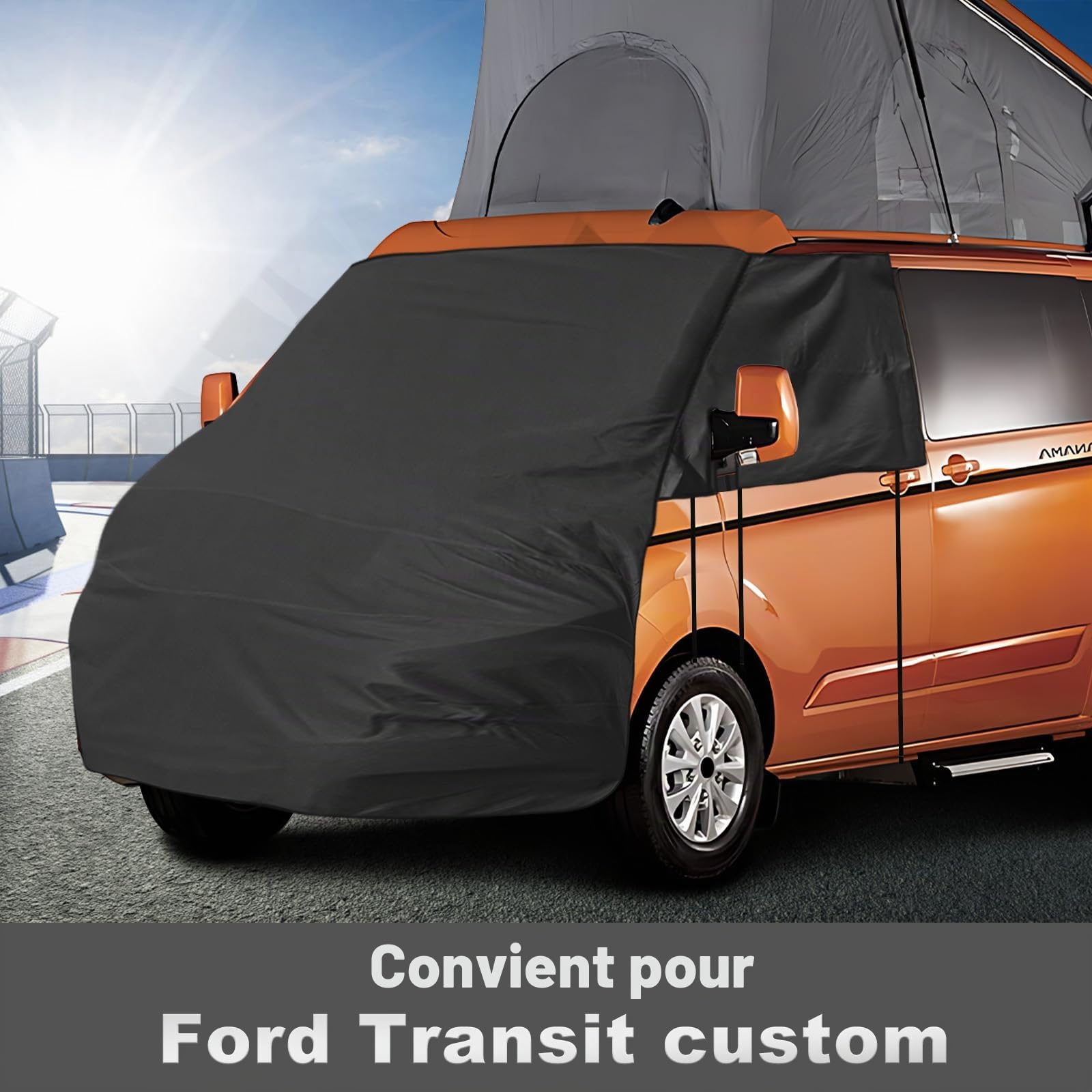 Housse de Pare-Brise Avant Remplacement pour Ford Transit Custom, Protection Solaire Complète Luxe Couverture Disque Avant d'occlusion, Couverture de Pare-Brise 420D (Noir)