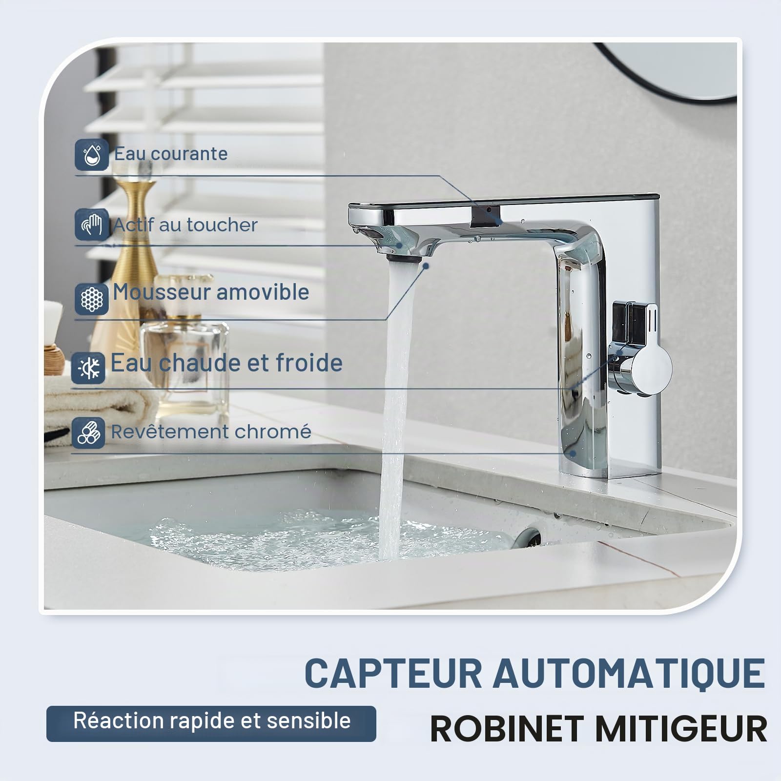 Robinet à capteur infrarouge pour salle de bain chrome, mitigeur de salle de bain à capteur automatique, affichage numérique, écran chaud/froid mitigeur lavabo