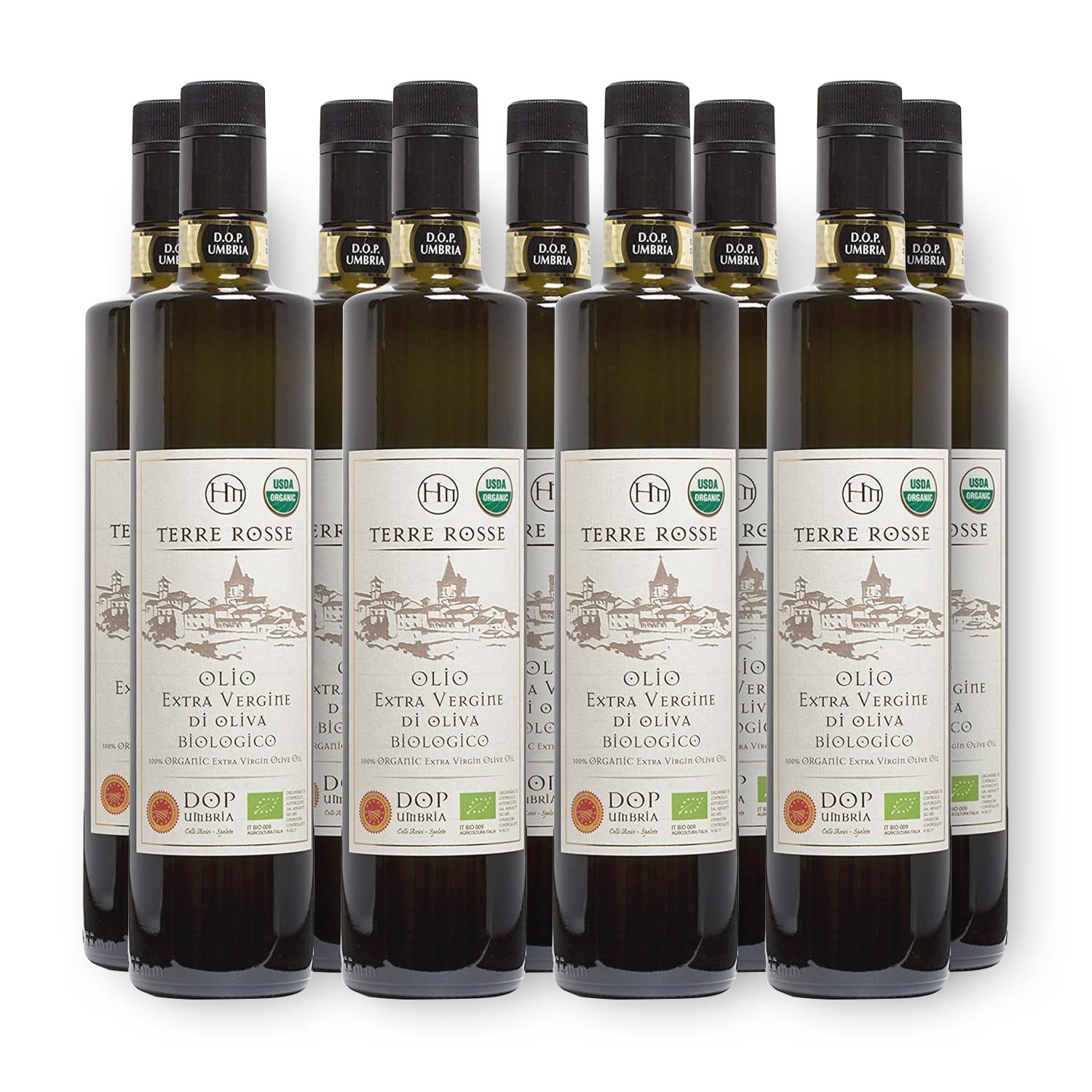 Terre Rosse - Włoska Organiczna Oliwa z Oliwek Extra Virgin Tłoczona na Zimno - Monokulturowa Moraiolo - Certyfikaty DOP Umbria i Kosher/P - Olive Harvest 2024 - Opakowanie 9 Butelki 750 ml