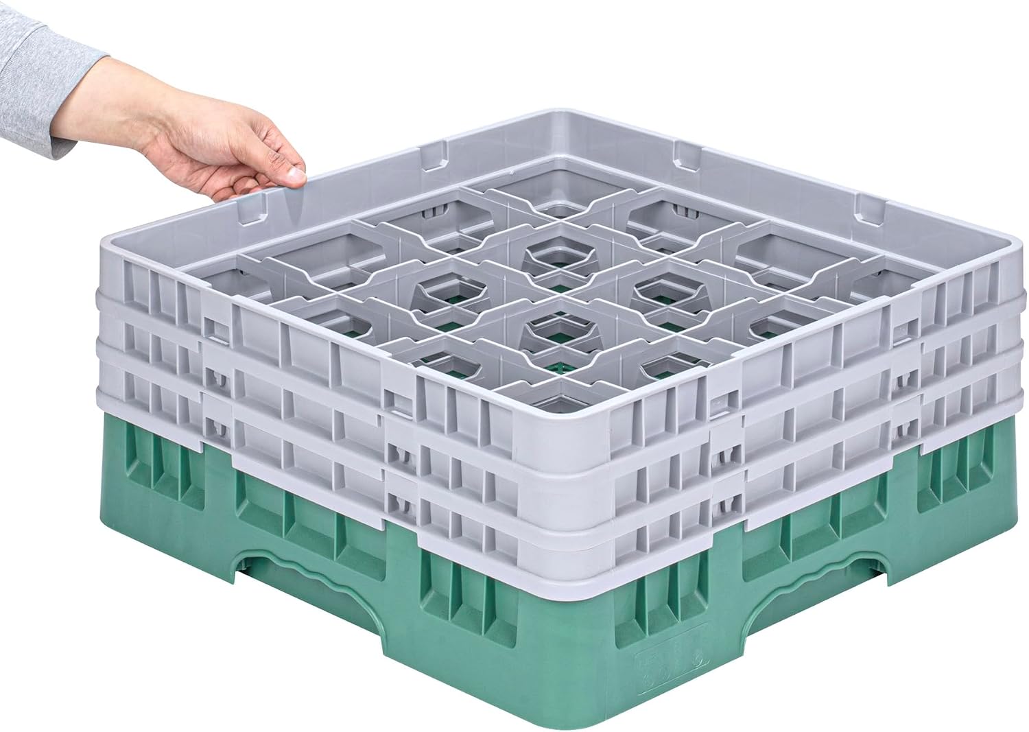 Restaurantware Clean Tek Professional 16 Compartment Glass Rack,1 Heavy Duty Durable Tray, With 1 Full Drop Extender and 2 Half Drop Extenders, Green Glass Holder For Restaurants, Bars, and Pubs