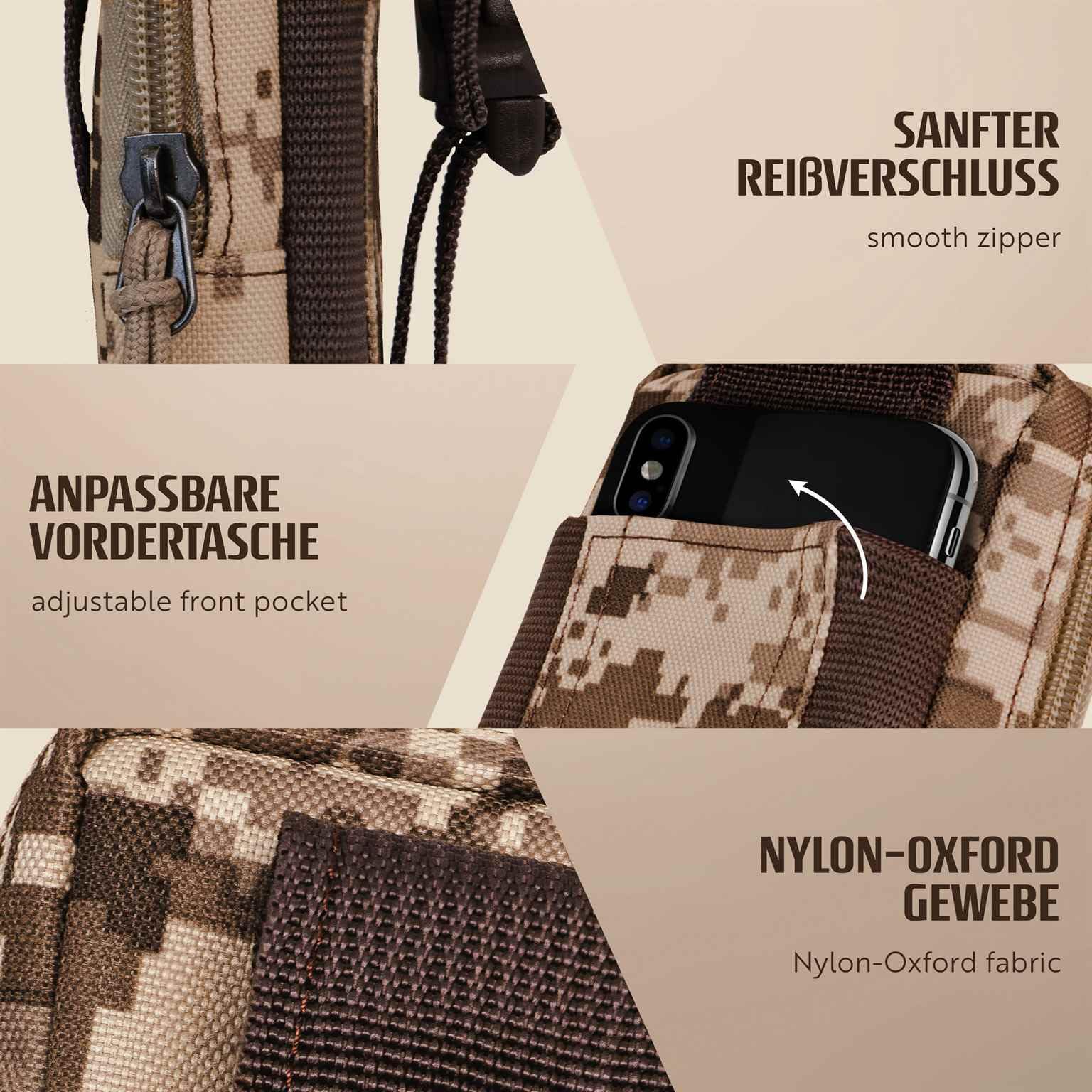 ONEFLOW Étui de survie pour téléphone portable iPhone 17 Pro Max - En nylon - Avec mousqueton - Sac tactique EDC avec support de ceinture - Étui pour l'extérieur - Marron camouflage
