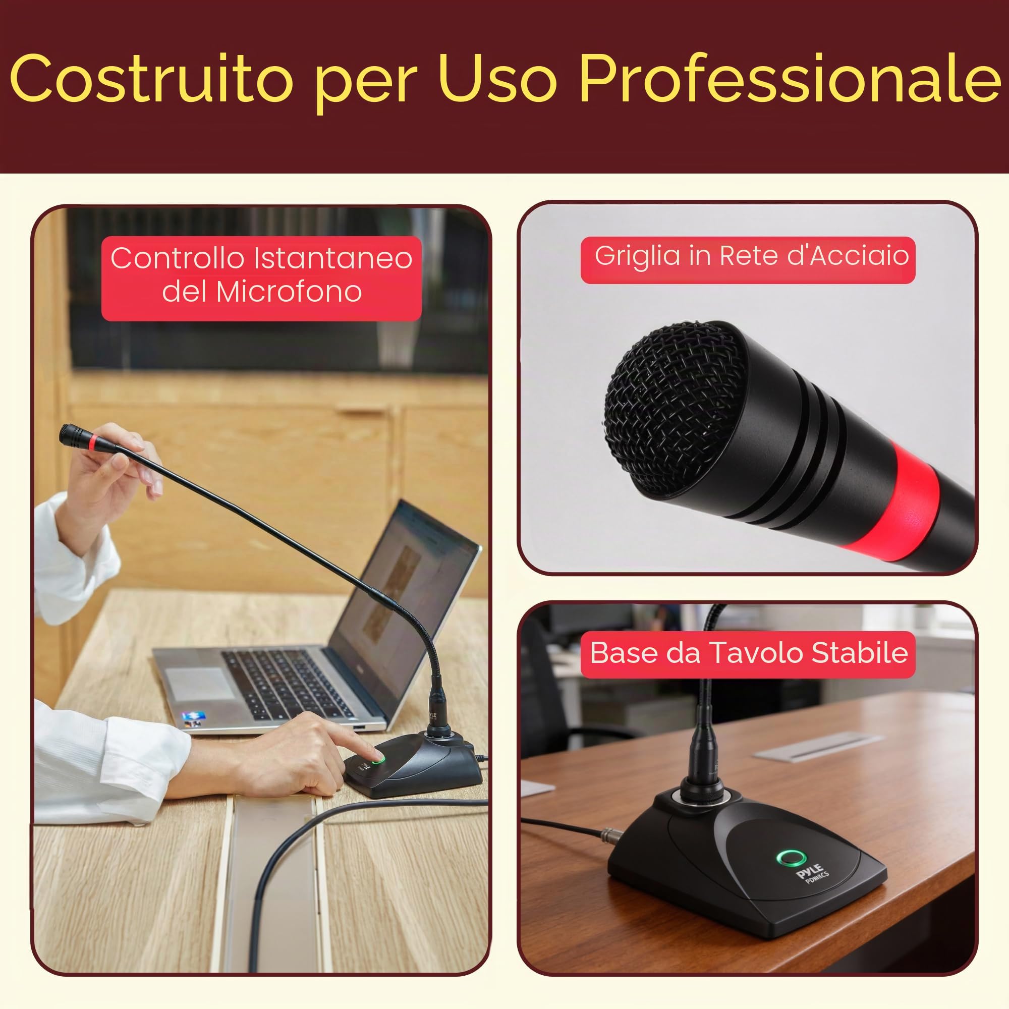 Pyle Microfono Professionale a Collo d'Oca da Tavolo, Microfono a Condensatore con Filtro Pop, Cavo XLR a 6,35 mm, Karaoke, Conferenze, Studio