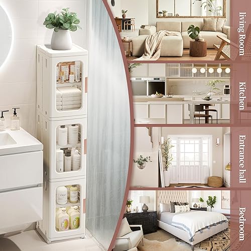 Miniatura 4 de Armario de almacenamiento estrecho con puertas y estantes, armario de cocina alto y delgado con estante ajustable, organizador de papel higiénico,