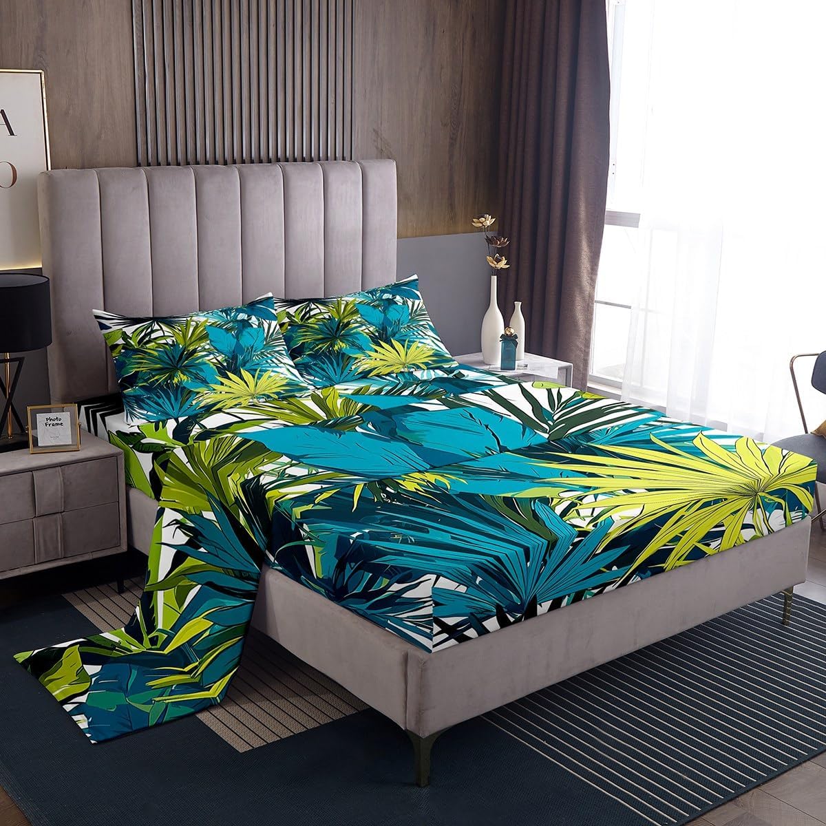 jejeloiu Palm Leaf Bed Sheets Set Twin Size Kids Tropical Leaves House Bedding Set for Boys Girls Summer Botanical Branches Nature Theme Fitted Sheet Room Decor