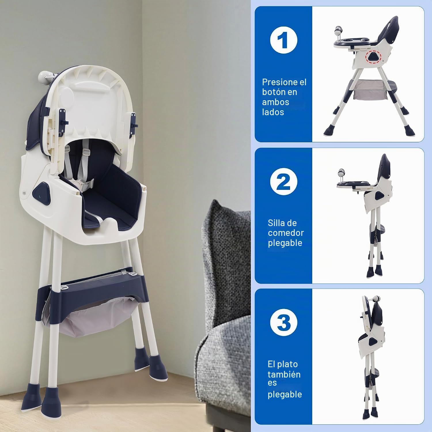 Trona bebé Plegable 3 en 1, 3 Posiciones, Reclinable con Ruedas y Doble Bandeja Extraíble, Asiento Reposapiés con Estante para Juguetes, Altura Regulable para Bebés de 6+ Meses