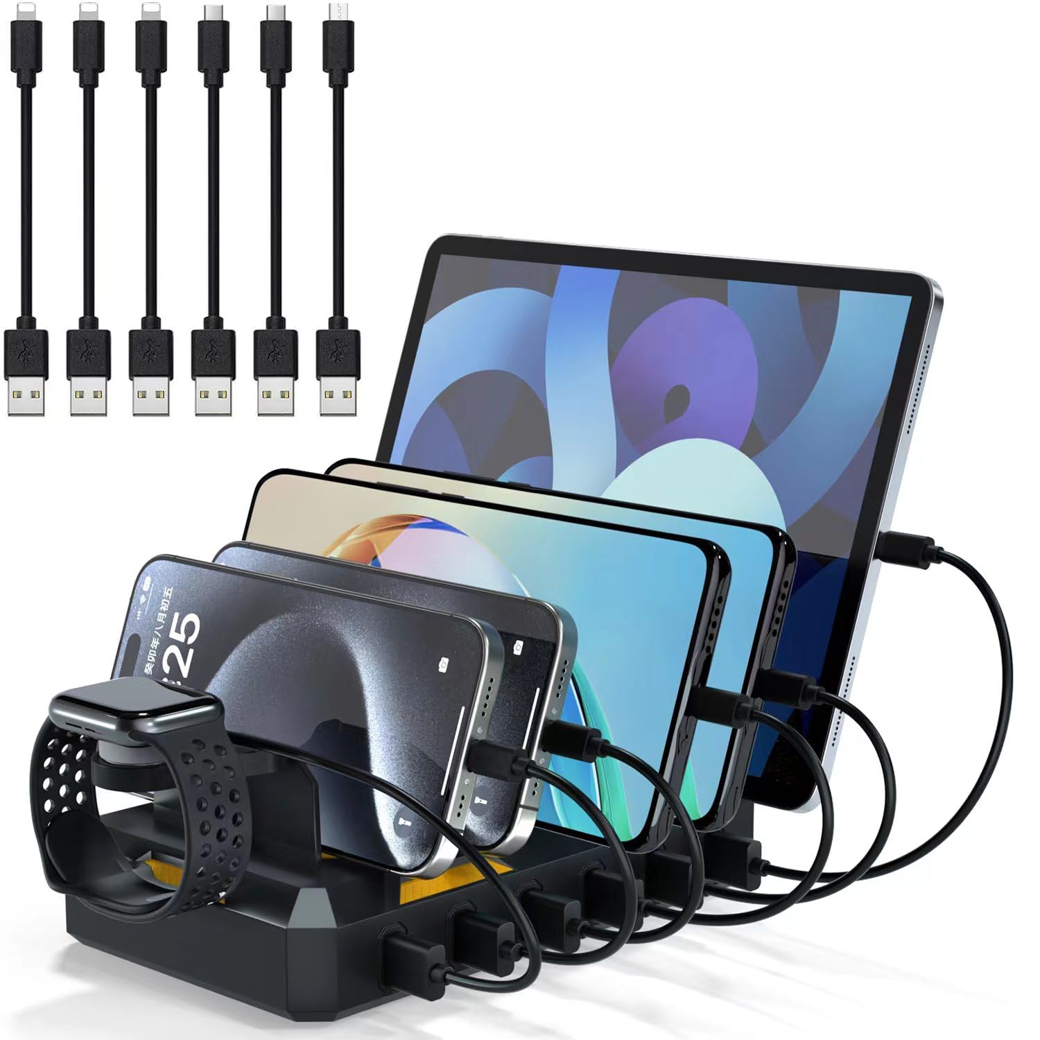 Station de charge pour plusieurs appareils, station de charge USB 50 W 6 ports avec support de montre magnétique, station de charge mécanique, câble 6 ports inclus, noir