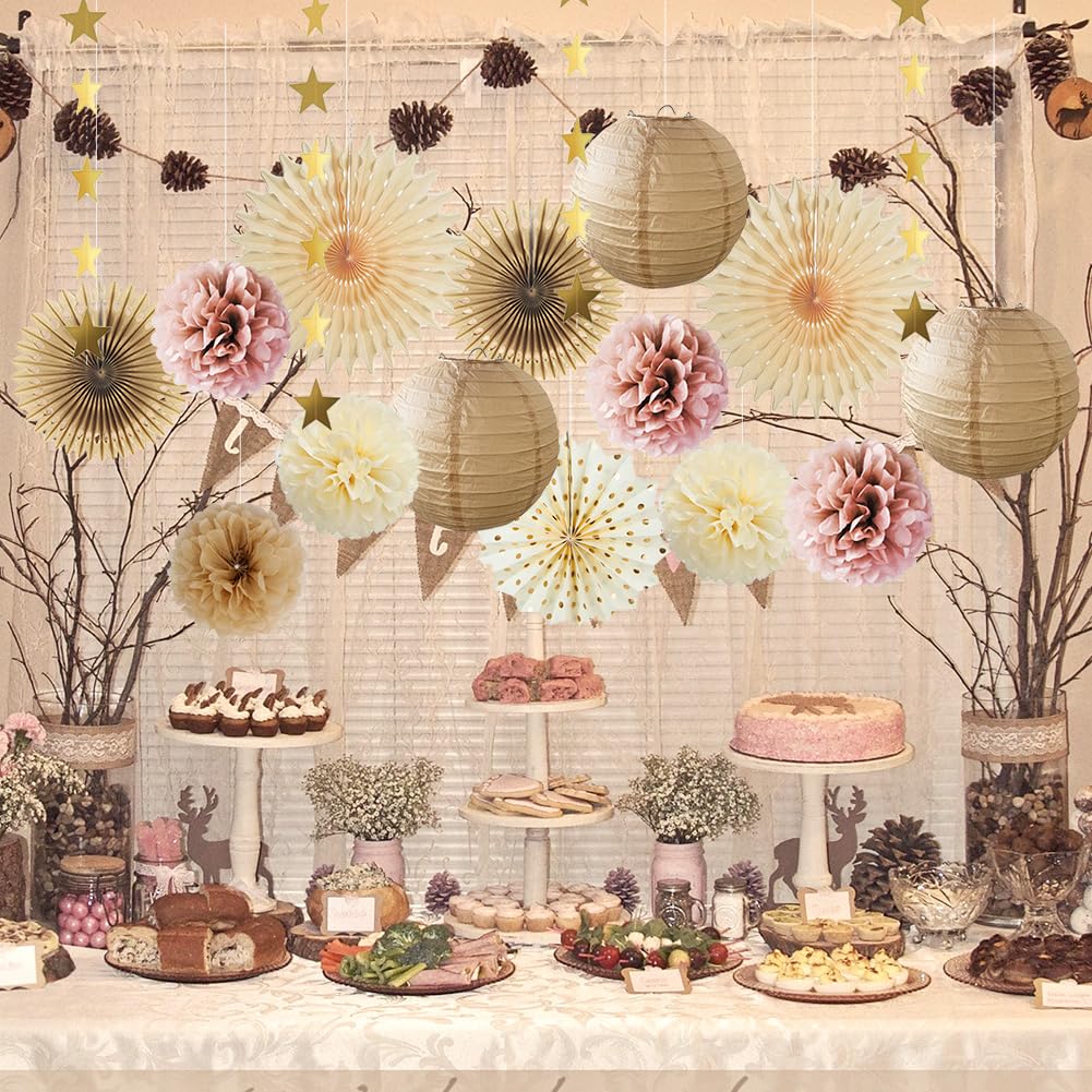 Party Deko Beige Rosa Braun Creme Neutral Boho Babyparty Deko Braun Beige JGA Frauen Altrosa Pompons Papierlaternen Champagner Gold für Boho Geburtstagdeko Brautdusche Hochzeit Junggesellenabschied