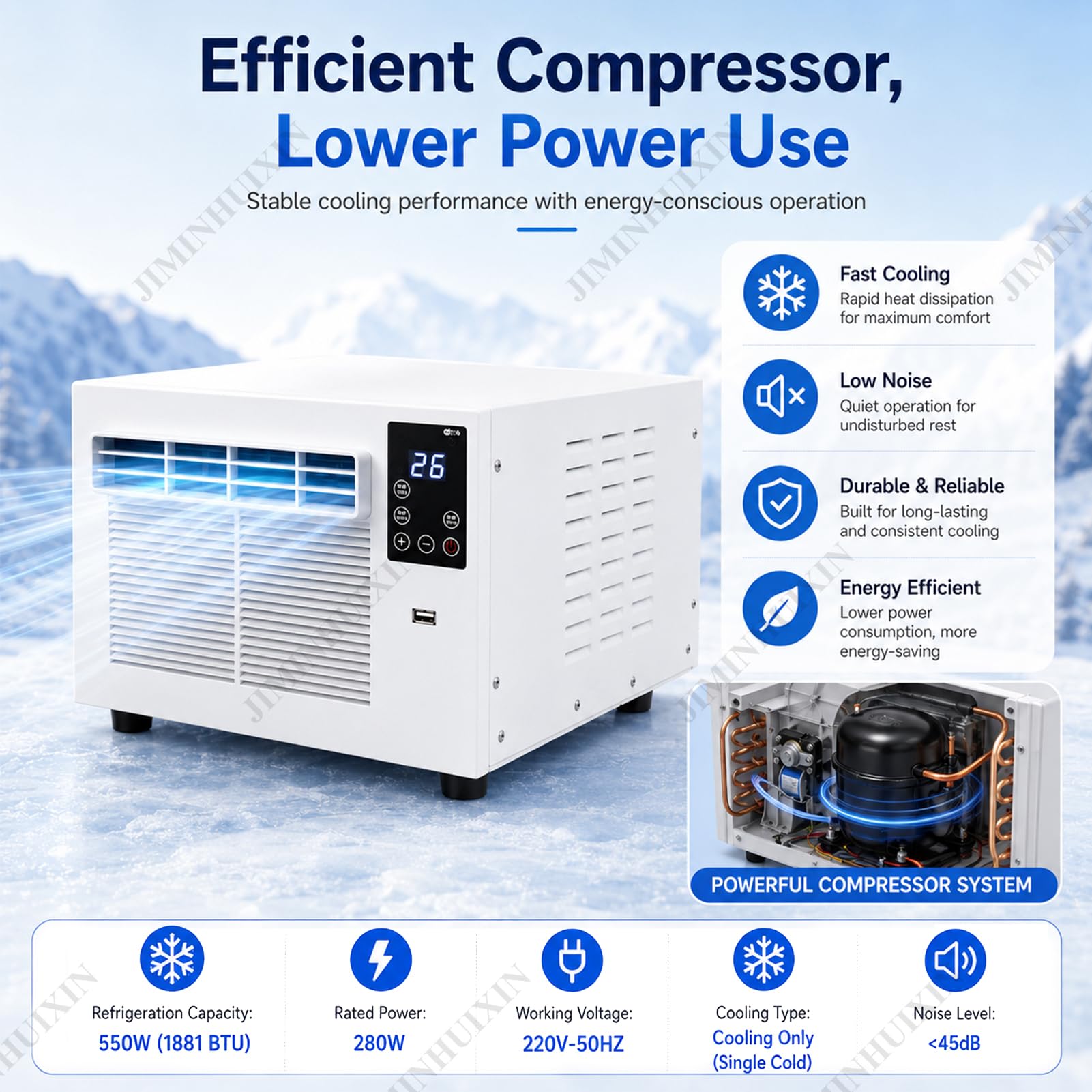 Climatizzatore per Camper Portatile 280W 1881 BTU Condizionatore, Silenzioso 45dB con Vero Compressore, senza Unità Esterna, Deumidificatore, per Tenda, Campeggio, Camper, Roulotte, Ufficio