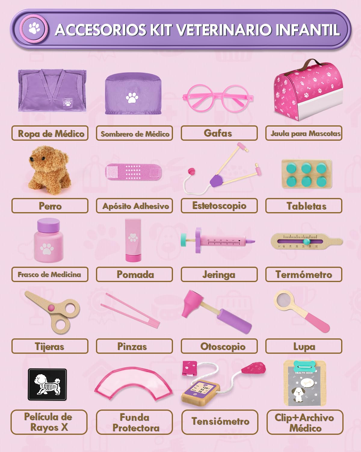 Maletin Medico Juguete, Veterinario Juguete de Madera Perro de Peluche, Kit Medico Infantil, Juguetes Niños 3 Años(Rosa)