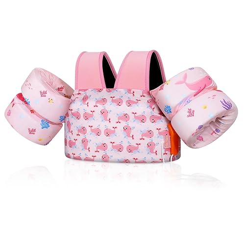 MoKo Toddler Swim Vest for Kids, Arm Band for Children 20-50lbs/22-66lbs Cartoon Swimming Water Wings Pool Float Vests Sleeves Shoulder Straps Swim Arm Floaties - for kids 22-66 lbs - Baby Pink & Whale