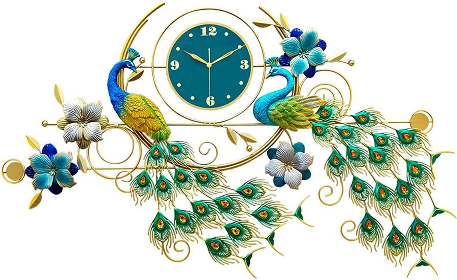 SaryEdge Wall Clock Art Large Clock Large,Peacock Wall Clocks for Living Room Modern Silent Non Ticking Home Decor Wall Clock with Gemstones 124 * 74Cm Large Wall Clocks,A Decor W,