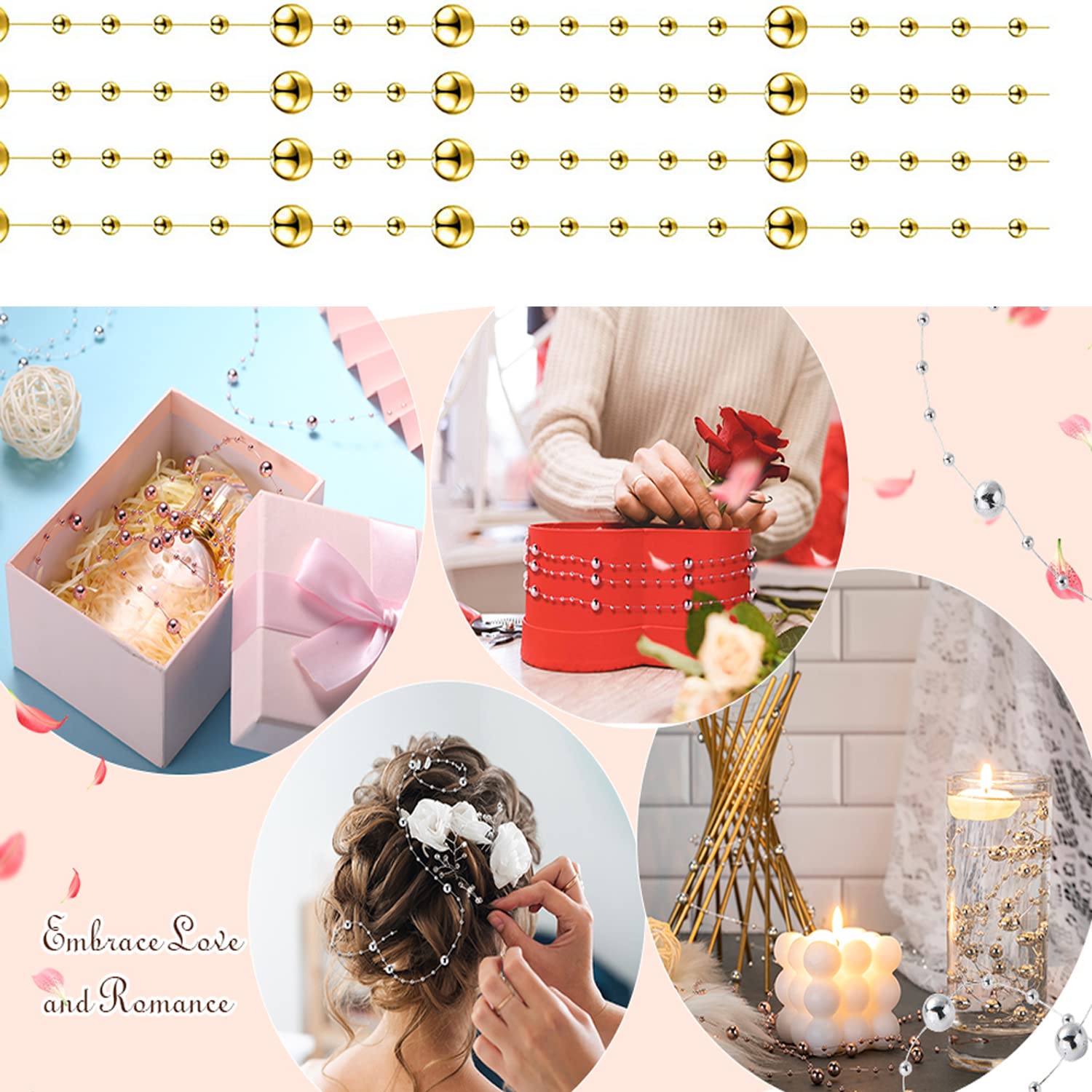 24pcs Pearl String for Floating Candles, Artificial Highlight Faux Pearl Beads String Pearl Party Garland Decoration for Wedding Dinning Table Party Home Centerpieces (Gold)