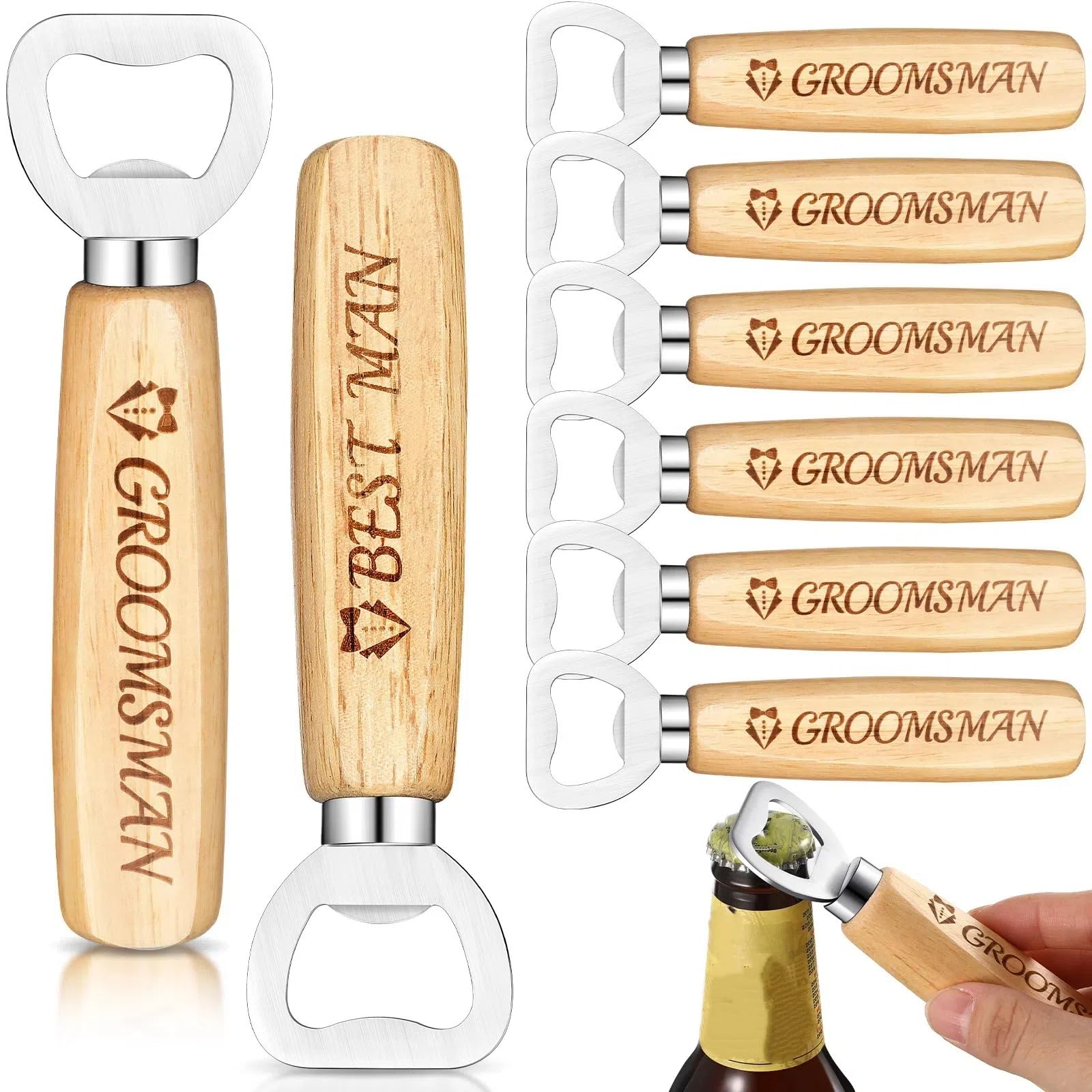 Décapsuleur en bois classique et décapsuleur manuel en acier inoxydable (Lot de 8)