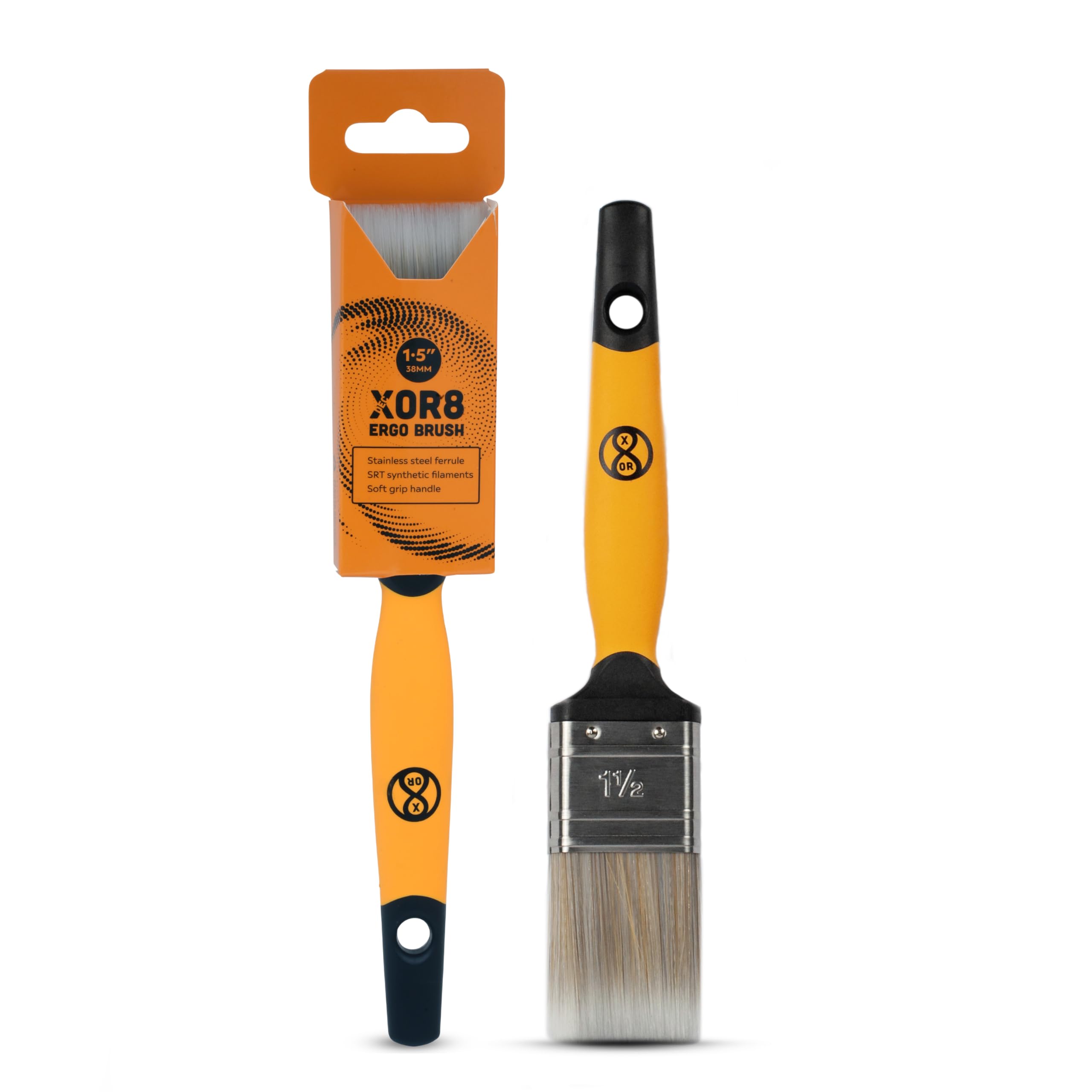 XOR8 Ergo Brush 1.5” (38mm) | Soft Grip Handle Paint Brush with Stainless Steel Ferrule & SRT Synthetic Filaments | Premium Paintbrush for Smooth & Precise Application, Orange