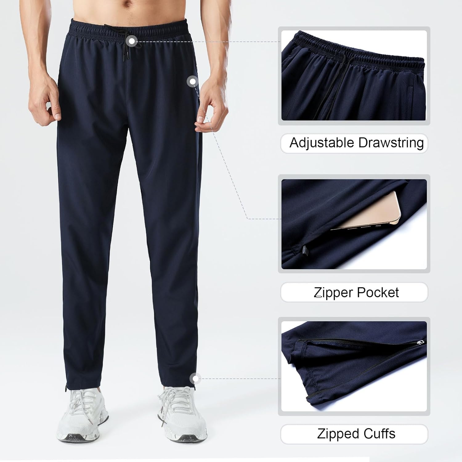 Men's Athletic Pants Quick Dry, Lightweight Workout Running Joggers with Zipper Pockets, Stretch Waist & Drawstring