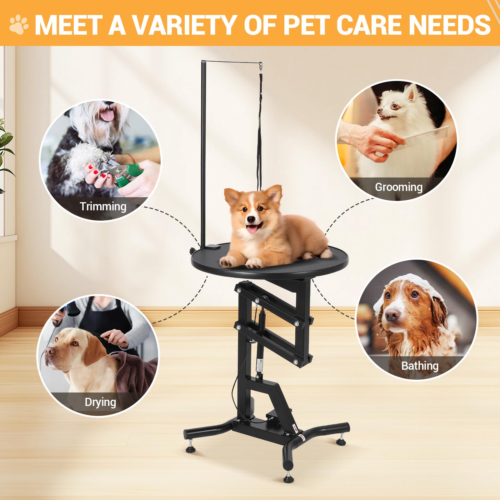 Tavolo da toelettatura per cani con sollevamento idraulico resistente, girevole a 360°, parte superiore antiscivolo, altezza regolabile (71-104,5 cm) con braccio sopraelevato e fermi di sicurezza