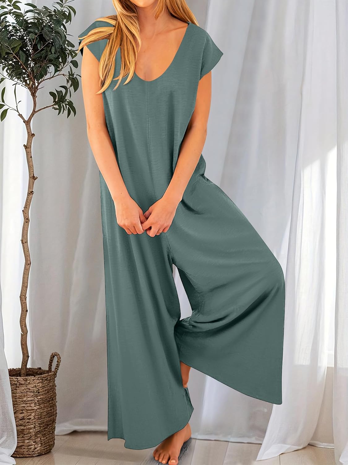 ANRABESS Jumpsuits for Women 2026 Summer Casual Loose Cap Sleeve Crewneck Wide Leg Rompers Jumper One Piece Beach Outfits - Image 2