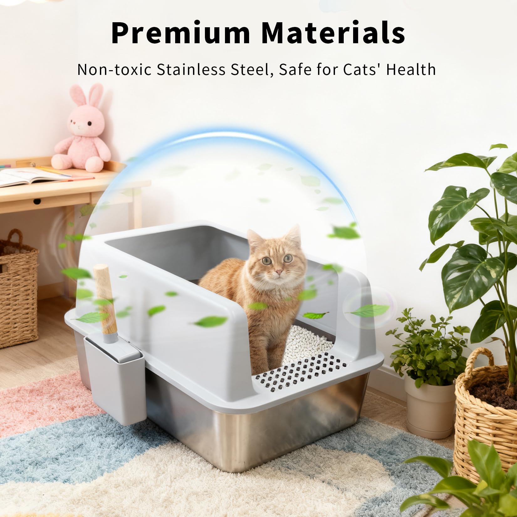 BingoPaw Katzenklo Edelstahl XXL, Katzentoilette Edelstahl für große Katzen, offenes Katzenklo mit hohem Rand, Katzenstreuschaufel und Katzenstreu Matte, Silbergrau 60.5x40.5x31cm