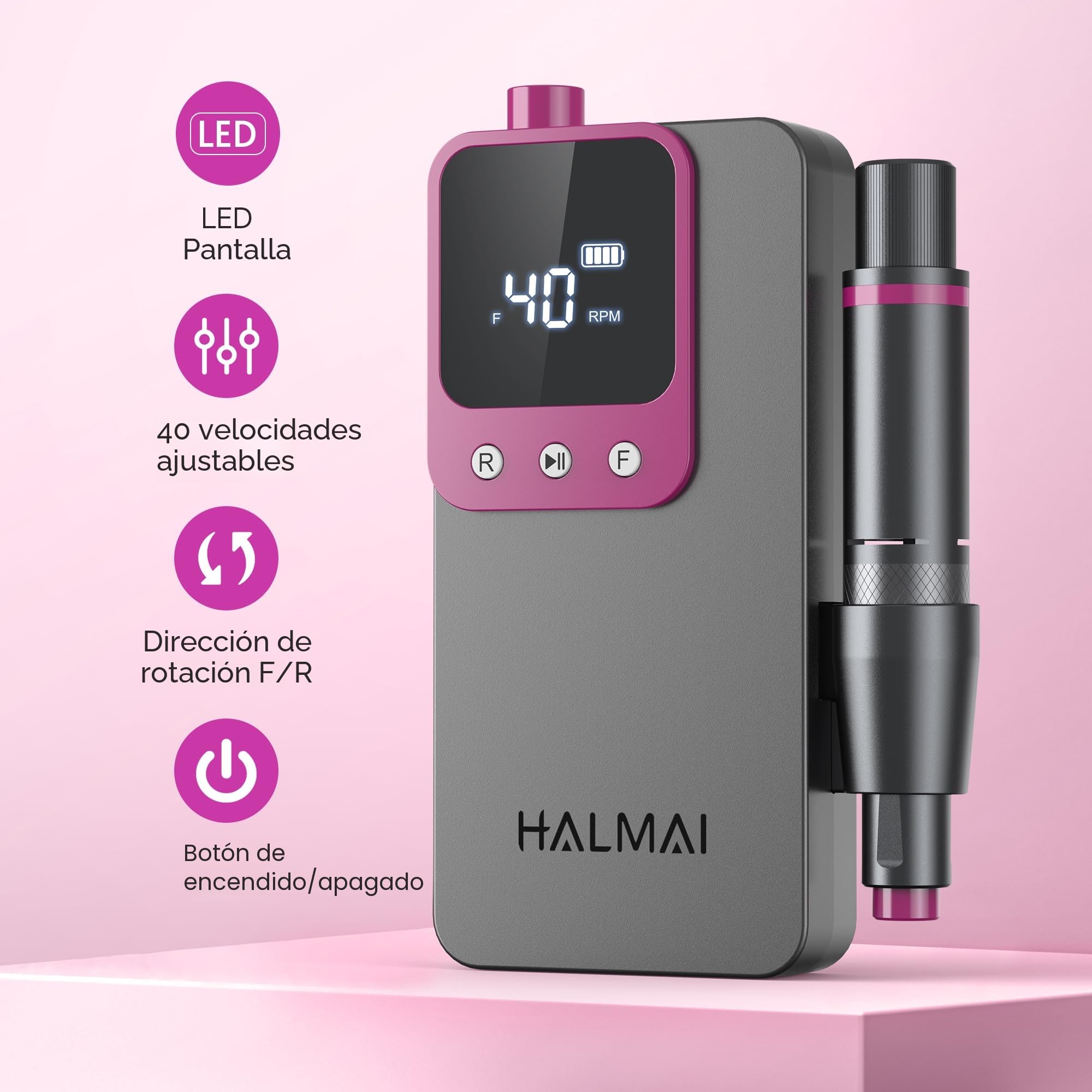 Taladro Eléctrico para Uñas Profesional HALMAI, Kit de Lima Portátil Inalámbrica para Uñas Acrílicas y de Gel, Máquina Recargable de Alta Potencia 40000 RPM para Salón - Modelo HMC320 (Gris Oscuro)