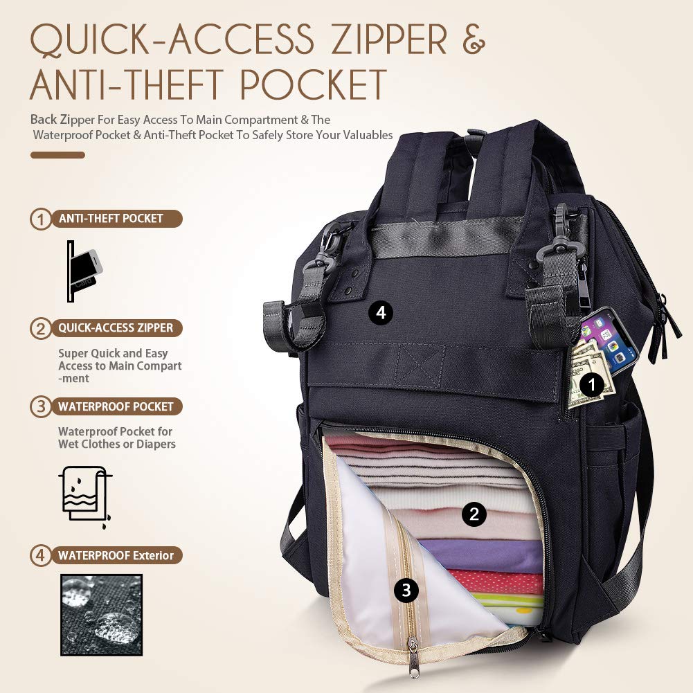 Qipi Diaper Bag - Spacious & Smart Multi-Function Nappy Bag w/Changing Pad - Onyx Black