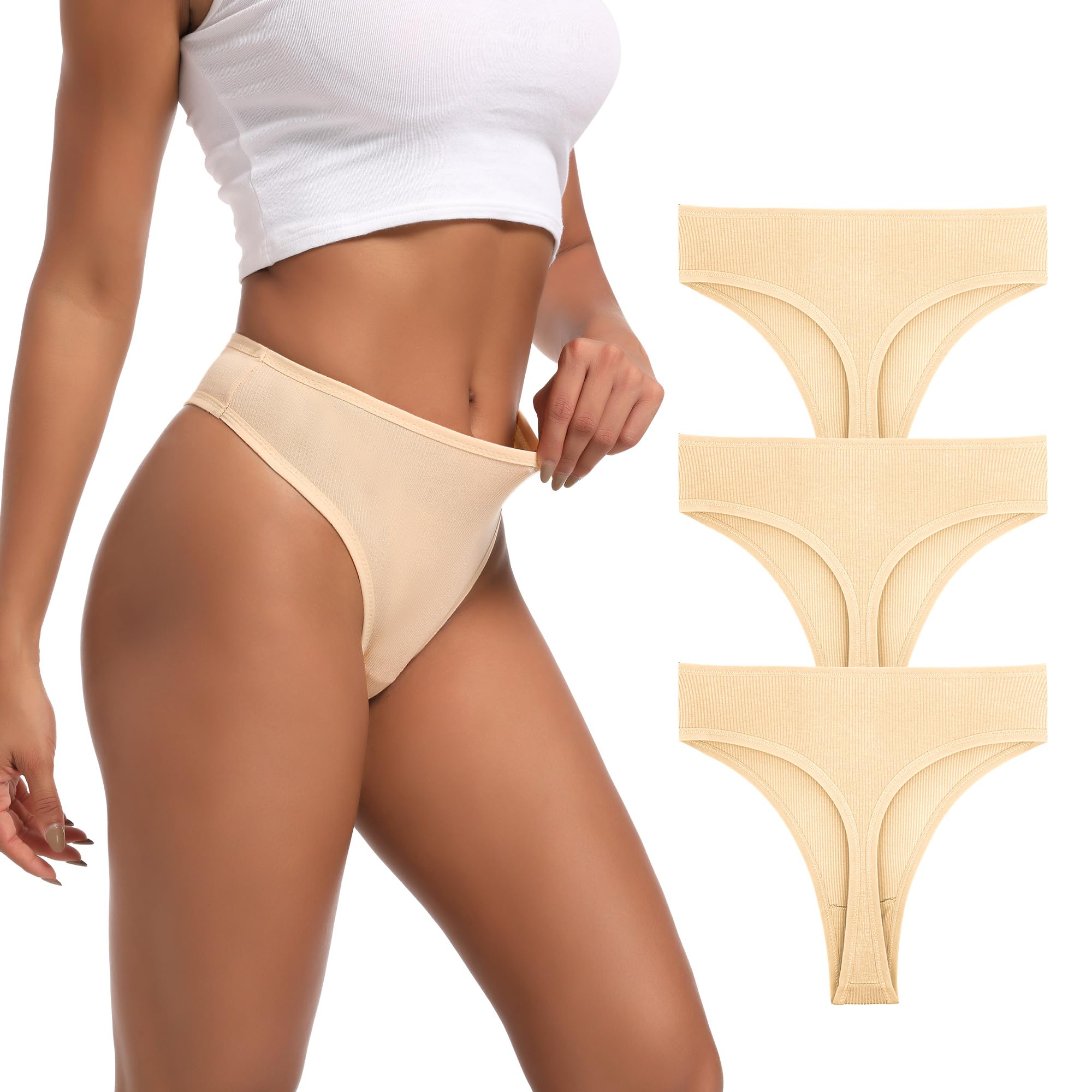 Xlndsoea Womens High Waisted Ribbed Cotton Thongs Panties High Cut Breathable Underwear 3-Pack Size S to 4XL