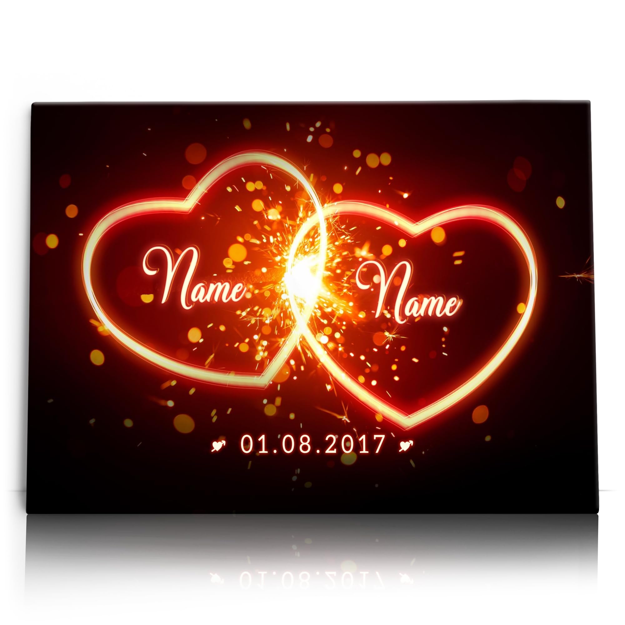 Liebesleinwand Leinwandbild personalisiert | Leinwand gestalten mit Namen und Datum Geschenk für Partner | Glühende Herzen