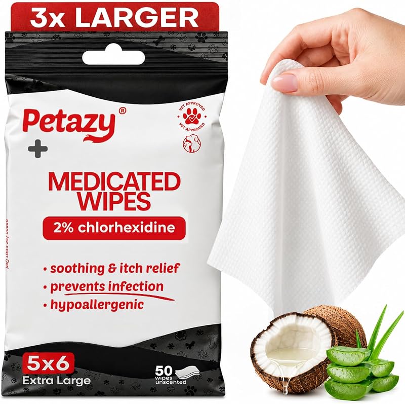 2% Chlorhexidine Wipes for Dogs 3X Larger | Yeast Infection Ringworm Fungus Hot Spot Itch Relief | Medicated Antibacterial Antifungal Gentle Soothing Topical Wipes for Dog Cat | 50 Wipes 5x6