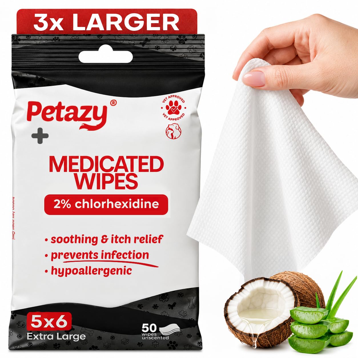 Petazy 2% Chlorhexidine Wipes for Dogs 3X Larger