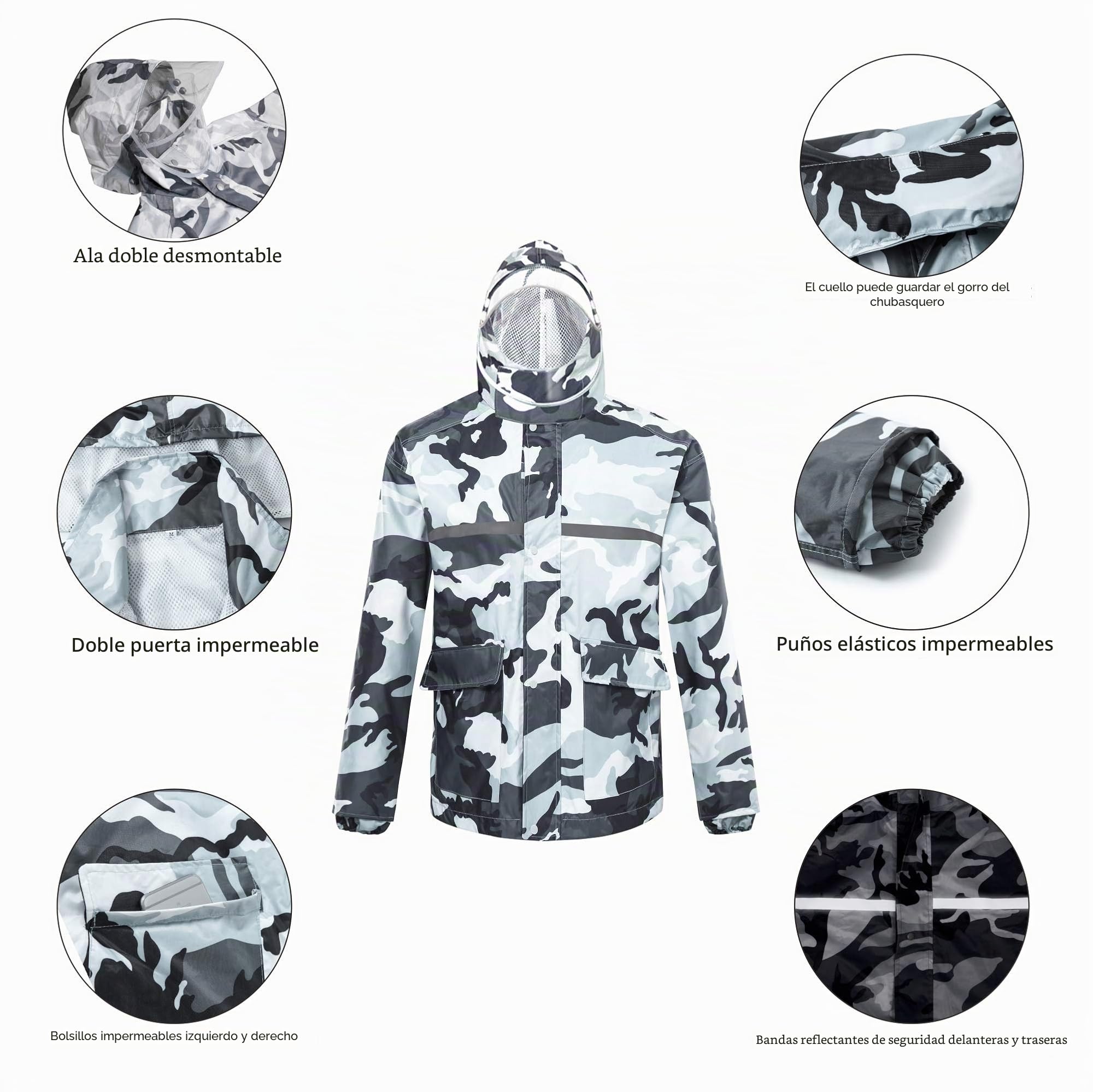 Chaqueta Impermeable para Hombre o Mujer con Capucha, diseño camuflado de
