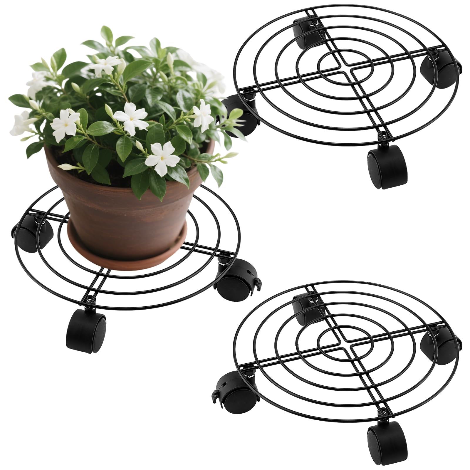 3 Unidades Soporte para Plantas con Ruedas, Metal Negro 27 cm, Ruedas Bloqueables, Capacidad 60 kg, Interior Exterior