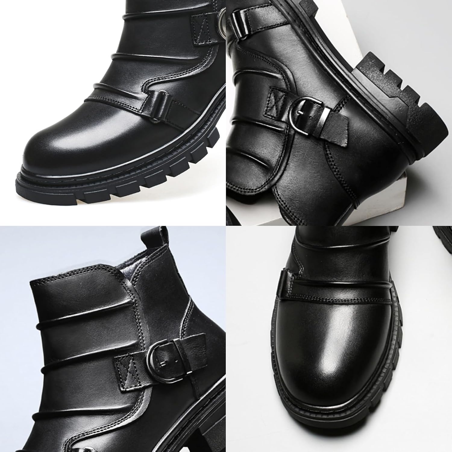 Mens Black Leather Chunky Platform Chelsea Boots Elastic Side Gussets Smooth Upper Round Toe Slip On Design Textured Sole For Casual Wear Formal Office Commute Urban Outings
