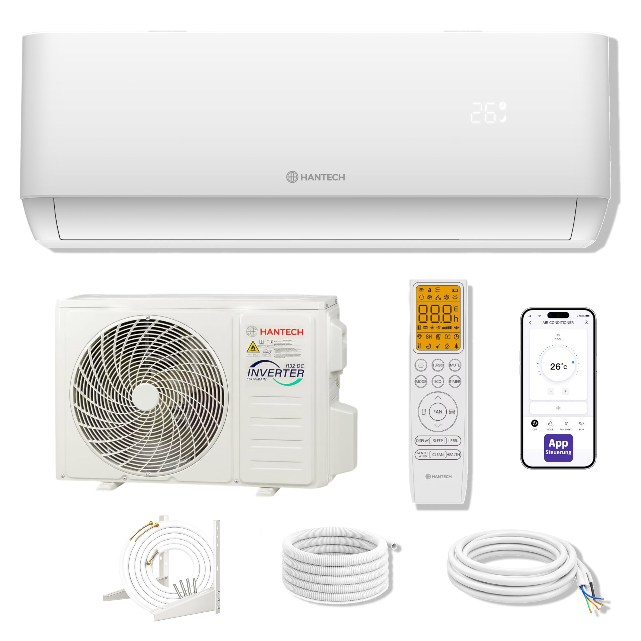 HANTECH Split aire acondicionado 12000 BTU H-PRO función de calefacción y refrigeración, filtro de aire, WIFI, material de montaje