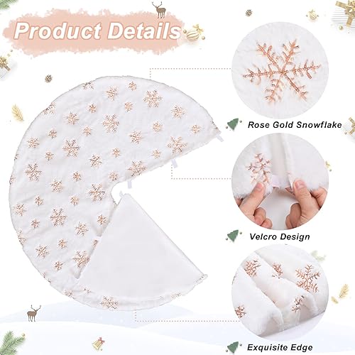Miniatura 8 de Falda de árbol de copos de nieve de oro rosa de 24 pulgadas, faldas de árbol de piel sintética blanca, mini faldas de árbol de Navidad, tapete de