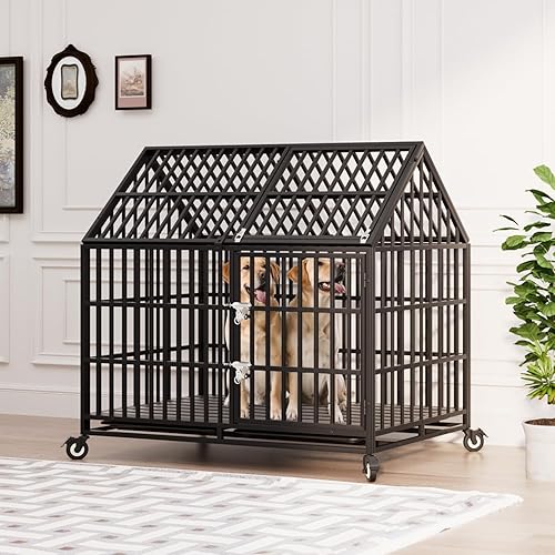 Miniatura 5 de Jaula indestructible para perros de 50 pulgadas, resistente y de alta ansiedad, a prueba de golpes, jaula de techo puntiaguda de metal para perros