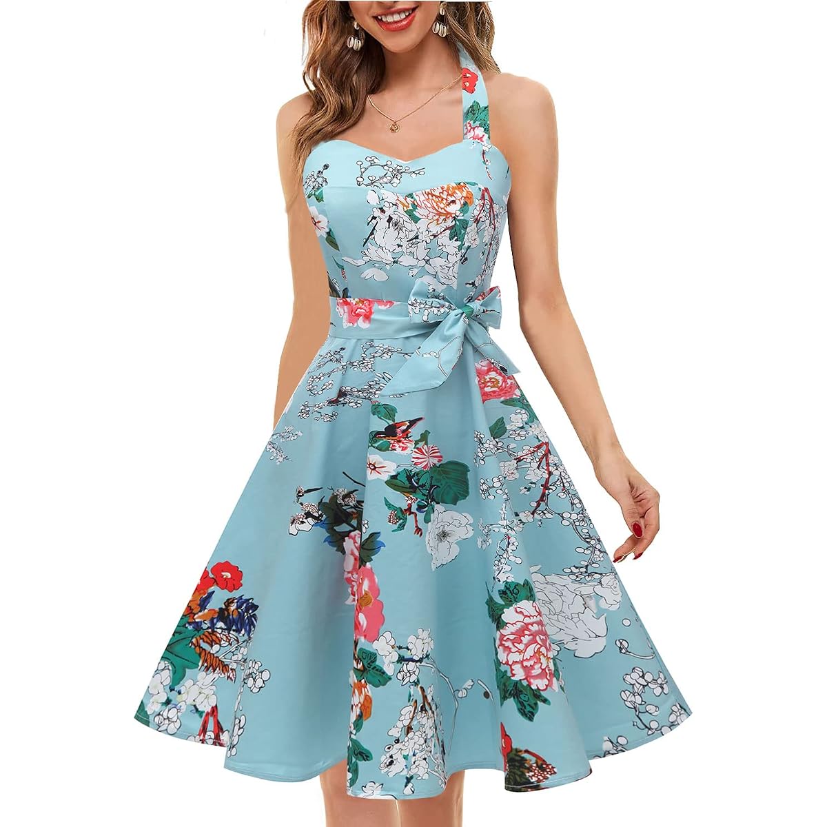 Women's Vintage 1950s Polka Dot Halter Dress - Audrey Hepburn Style Cocktail Party Dress - View #9