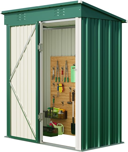 Blishom Casetta per attrezzi in metallo,Capanno per Attrezzi da Giardino in Metallo con Ripiani Regolabili, Tetto Inclinato, Prese d'Aria,per Prato, Patio e Cortile180x162x95 CM,Marrone (Verde) - 1
