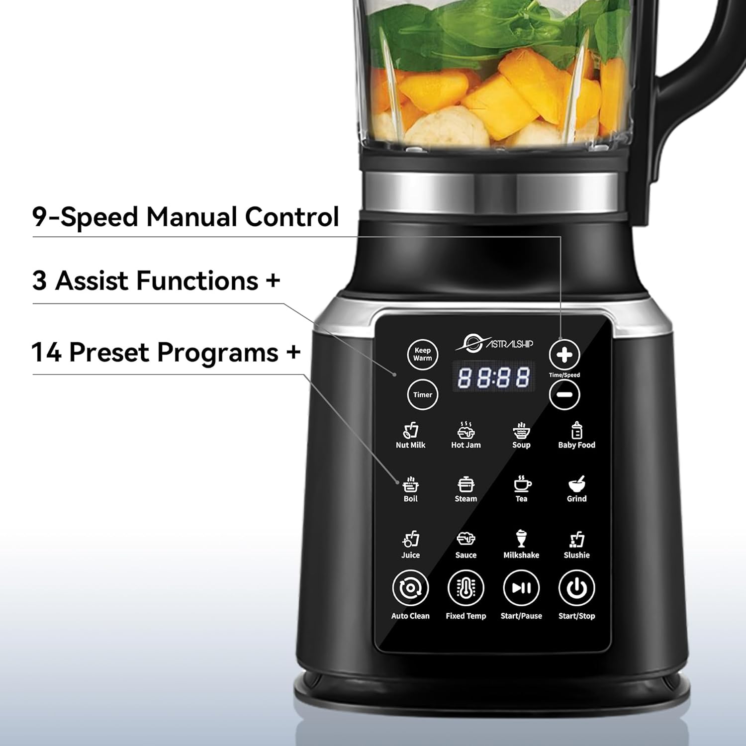 Glass Blenders for Kitchen with Tamper, Blender for Smoothies, Professional Blenders 1500W Motor, 9 Adjustable Speeds, 14 Preset Programs, High-Speed Heating Blender for Nut Milk, Soups, Sauces & More Black Pro