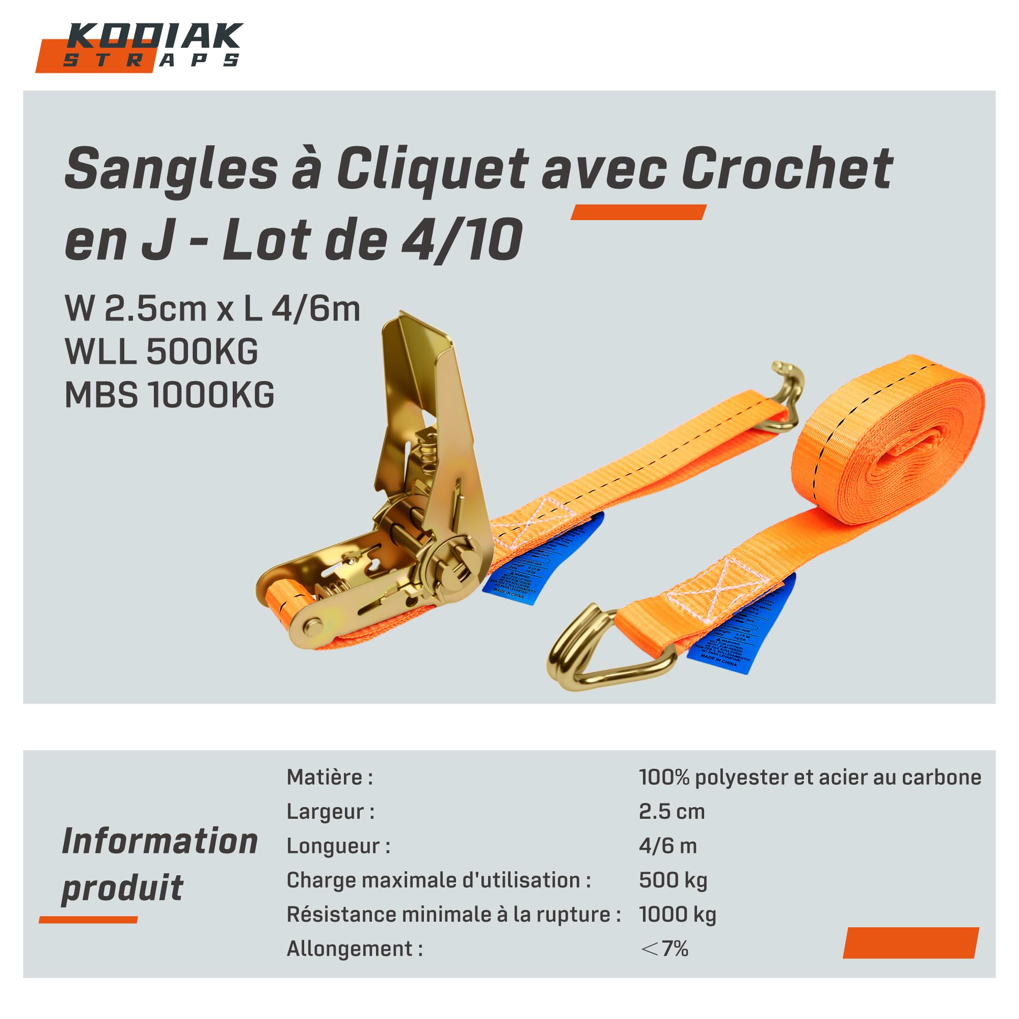 10 Lots de Sangles à Cliquet 4m x 1000kg avec Crochets - Sangles d'Arrimage 25mm Orange pour la Sécurisation des Chargements - Certifié TÜV/GS DIN en 12195-2 - KODIAK STRAPS