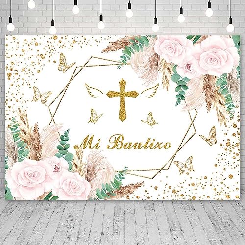 Sendy Telón de fondo de 7 x 5 pies con texto en inglés "Mi Bautizo" mexicano, decoración de fiesta de bautizo, decoración de fiesta de bautizo,