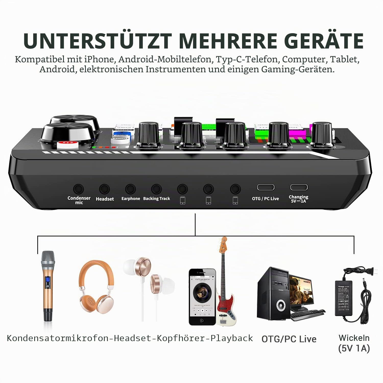 Facmogu F998 Live Sound Card Audio Mixer, Podcast Audio Interface mit DJ Mixer Effekten, Voice Changer mit Soundeffekten für Karaoke Tiktok YouTube Live Streaming Record Gaming