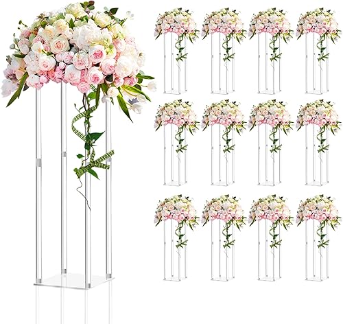 Geetery 12 piezas de jarrón de acrílico alto para centros de mesa de boda, soporte de flores transparentes, columna geométrica floral, elegante